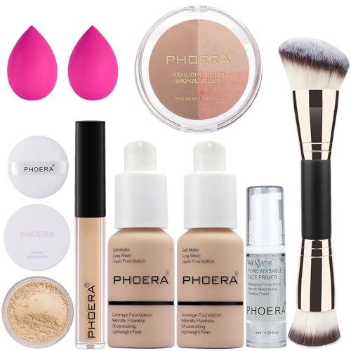 PHOERA Foundation, PHOERA Contour Palette,Shades with Highlighter & Bronzer & Blush,Up to 24 Hour Fresh Wear,PHOERA Concealer Primer Powder (102+ #002 Contour/Nude+#002)