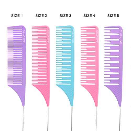 Ultimate Highlight Comb Set, 5 Sizes PEI Material, Heat Resistant Professional Balayage Comb with Extra Long Stainless Steel Needle (Purple)