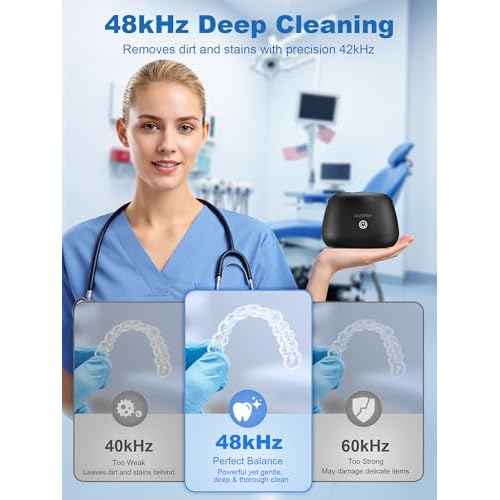 KUNPHY Dental Cleaner | Ultrasonic Retainer Cleaner Machine | 48kHz Dental Cleaning Pod | Aligner, Nightguard, Mouth Guard, Denture | Oral Dental Care | UV Cleaner with Retainer Tablets | Black