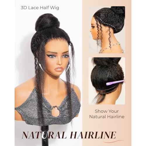 Arabella Yaki Half Wig 100% Human Hair Updated Half Wigs Yaki Straight Human Hair Glueless Wig Draw String Wigs Pre Plucked Cut Bleached Knots 6x6x2 3D Lace 3 in 1 Wig for Women 200% Density 16 Inch