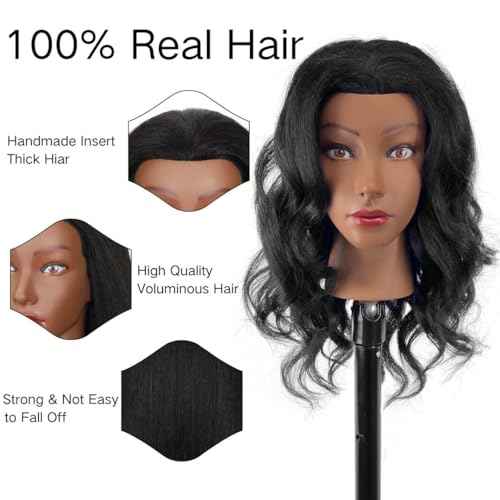 16" MQHIHI Mannequin Head Human Hair, 100% Real Hair Cosmetology Manikin Doll Head for Hairdresser Practice Braiding with Free Clamp Holder and Tools (16 Inch)