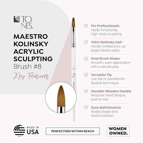 Tones Maestro Kolinsky Sculpting Brush - 100% Kolinsky Sable Hair Brush for Acrylic Nails - Ultra Precise Nail Sculpting and 3D Nail Art Brush (#8)