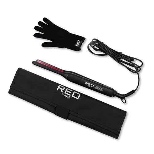 Red by Kiss Pencil Flat Iron up to 450¡ÆF Thin Small Tourmaline Ceramic Plate 0.3 inch (3/10") for Women and Men, Short to Medium Hair, Pixie Cut, Bangs, Edges.. A Travel Pouch and a Glove Included