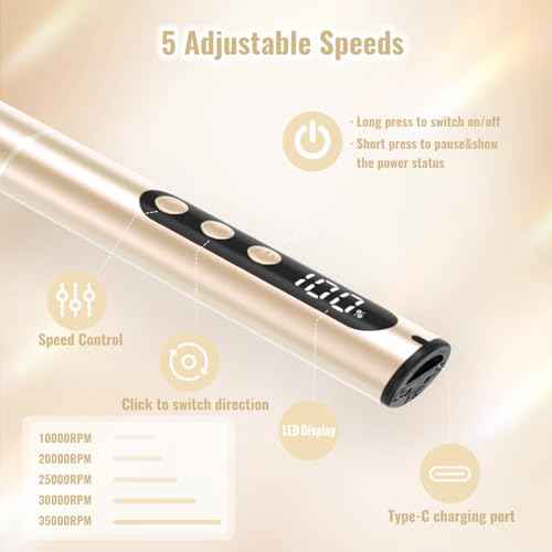 Electric Nail Drill Cordless, 35000RPM Portable Electric Nail File with LCD Display and 12 Nail Drill Bits for Acrylic & Gel Nails, Professional Manicure & Pedicure Kit Set Golden