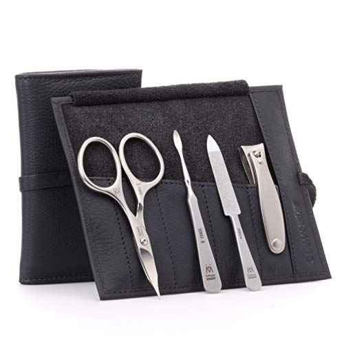 GERMANIKURE 4pc Manicure Set in Black Leather Case - Made in Solingen Germany, FINOX Stainless Steel Tools ? Professional Quality Compact Nail Grooming Kit