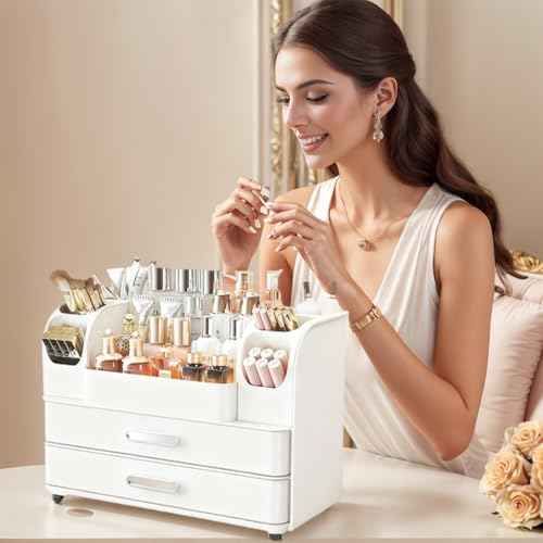 Makeup Organizer with 2 Drawers, Cosmetic Display Case, Storage Holder for Vanity, Bathroom Counter, Desk, Beauty Supplies (All White)