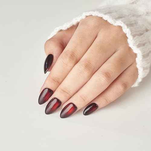 Handmade Cat Eye Gel Press On Nails ? Short Almond Dark Black Red Set, 26pcs Reusable Lamp-Curable Nail Kit Salon-Quality Fake Glue On Nail Tips for Christmas Valentine Wedding Everyday Glam
