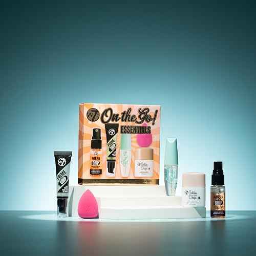W7 On the Go Essentials Gift Set - Mini Makeup Must-Haves with Primer, Setting Spray, Mascara, Golden Glow Bronzing Drops & Beauty Sponge - Travel or Handbag Size Essentials