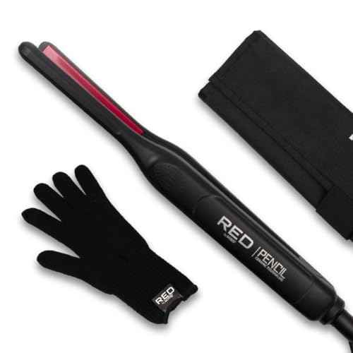 Red by Kiss Pencil Flat Iron up to 450¡ÆF Thin Small Tourmaline Ceramic Plate 0.3 inch (3/10") for Women and Men, Short to Medium Hair, Pixie Cut, Bangs, Edges.. A Travel Pouch and a Glove Included