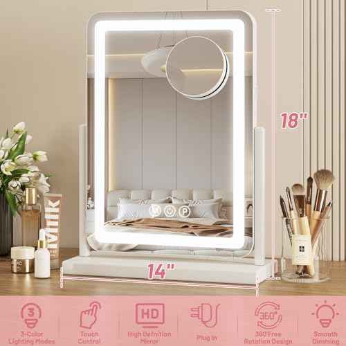 Suidia Vanity Mirror with Lights, 18"¡¿14" LED Makeup Mirror with Light, Smart Touch with 3-Color Lighting, 360¡ÆRatation for Vanity Desk Tabletop,White,Lamp Belt Style