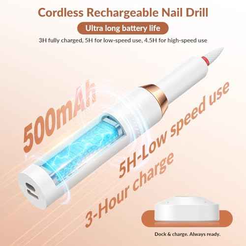 Cordless Rechargeable Nail Drill Kit, 12 Professional Bits & 36 Sanding Bands, 30000RPM Electric Nail Drill Machine, Dual Rotation Ambidextrous Electric Nail File for Acrylic, Gel & Natural Nails