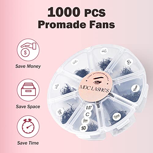 Promade Eyelash Fans Mix Length 1000 Volume Lash Extensions 8D-16D, C D Curl, 9-16mm Length, 0.05-0.07 Short Stem Promade Premade Pre Pro Loose Fans Eyelash Extension, Easy Application