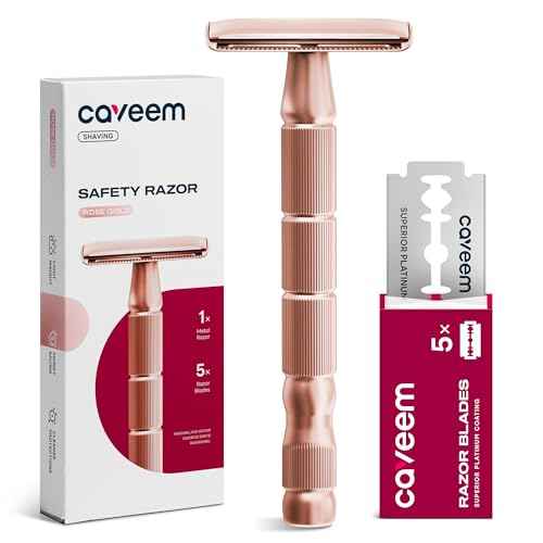 Rose Gold Double-Edge Safety Razor, Single-Blade Razors with 5 Stainless Steel Blades, Reusable Metal Razor for Men and Women