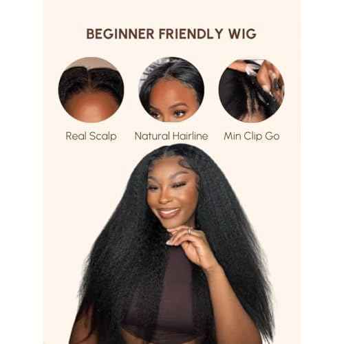 YIROO Hair V Part Wig Human Hair Kinky Straight Wig No Leave Out Upgraded U Part Wigs for Women 12A Yaki Straight Glueless Wear And Go V Shape Clip in Wigs Beginner Friendly 150% Density 16 Inch