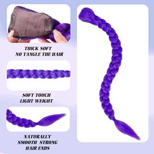 24 Inch Long Purple Braid Ponytail Extensions Pre Stretched Purple Hair Extensions for Braids Easy Clip in Ponytail for Cosplay Halloween Costume(24 Inch)