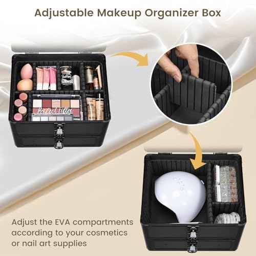 Makeup Case with Drawer, Detachable Lighted LED Mirror, Makeup Organizer Box Travel Make up Vanity Case Portable Cosmetic Train Case for MUA Lockable Makeup Suitcase with Adjustable Dividers