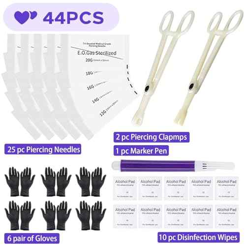Piercing Kit 44pcs - Usiriy Piercing Needle Kit with 20G 18G 16G 14G 12G Piercing Body Piercing Tool Kit Needles Clamps Kit for Ear Nose Belly Button Tongue Eyebrow Piercing Supplies