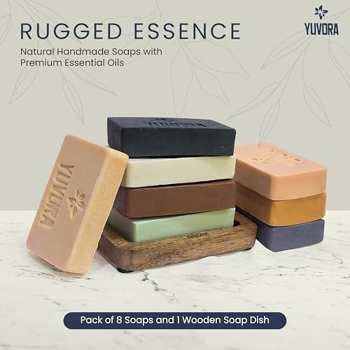 8 Pcs Men Natural Handmade Body Soaps 5 OZ Pack Set Rugged Essence Long lasting Fragrance Luxurious Scents with Natural Ingredients ? Sulfate & Paraben Free, Vegan Soaps