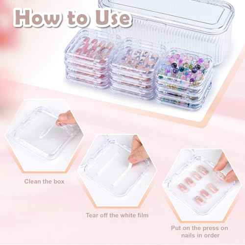 Press On Nail Orgnizer 12pcs 3.3inch Clear nail storage box and 1 large storage box for Press On Nail Packaging and fake Nail Storage Nail Display with double sided tape.