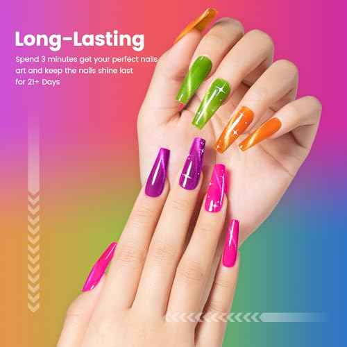 RARJSM 9D Neon Cat Eye Gel Nail Polish Set 6 Colors Velvet Silver Glitter Bright Orange Blue Red Green Rose Purple Ice Gel Polish with Magnet Stick UV LED Curing Requires Soak Off Home Salon Diy