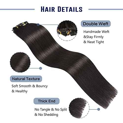 Sunya Real Human Hair Clip-in Extensions - Natural Black, Double Weft, Straight, 20 Inch #1B, 8pcs/120g