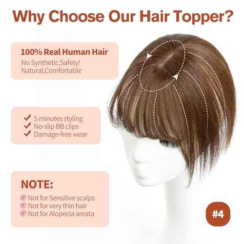 Hair Toppers for Women Real Human Hair Wispy Bangs,Short Lightweight,Thin Crown Wiglets Hair Pieces Small Top Base 1.9"¡¿3.5" Natural Cover Wide Part Line (12In,0.7oz,#4 Medium Brown)