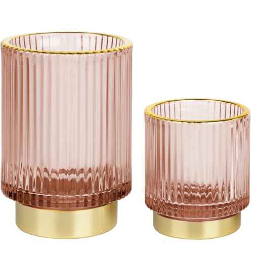 Makeup Brush holder Organizer, Crystal Glass Toothbrush Holders, Striped Make Up Brush Holder for Vanity, Pen Holder for Desk, Vase -Pink (S+L)