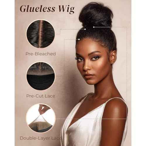 Arabella Yaki Half Wig 100% Human Hair Updated Half Wigs Yaki Straight Human Hair Glueless Wig Draw String Wigs Pre Plucked Cut Bleached Knots 6x6x2 3D Lace 3 in 1 Wig for Women 200% Density 16 Inch