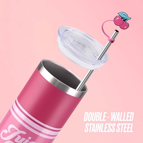 Juicy Couture Glam Slip 24oz Stainless Steel Hydration Tumbler with Straw Topper, Hot Pink Varsity