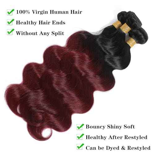 Kapelli Hair Ombre Human Hair Bundles Body Wave (14 16 18) 100% Unprocessed Brazilian Virgin Remy Hair Body Wave Bundles 2 Tone Black to Burgundy Human Hair Weave for Women
