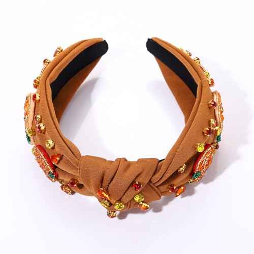 Thanksgiving Headband for Women Fall Accessories Beaded Pumpkin Headbands Jeweled Rhinestone Crystal Knotted Headband Thanksgiving Fall Hair Accessory Gifts (Pumpkin 1 - Brown)