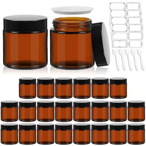 4 oz Amber Round Glass Jars with Black Lids 24 Pack- Portable Empty Glass Containers with Inner Liners for Cosmetic, Food Storage, Body Butters, Body Butter, Candle Jars
