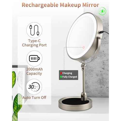 9" Lighted Makeup Mirror,1X/10X Magnifying Vanity Mirror with Height & Brightness Adjustable,Rechargable Makeup Mirror,360¡ÆRotation Double Sided Standing Desk Mirror (Satin Nickel)
