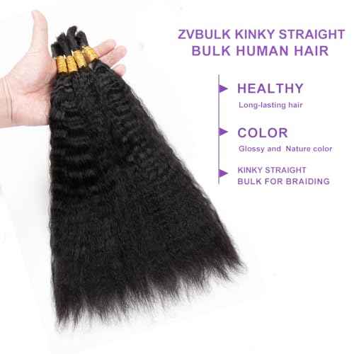 Kinky Straight Human Braiding Hair For Boho Braids Wet and Wavy Bulk Human Hair No Weft 100g (1Pack-4PCS) Yaki Straight For Micro Braiding (Kinky Straight£¨#1B), 22 Inch)