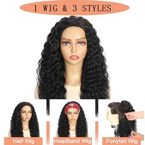 Half Wig Human Hair Deep Wave 3 In 1 Half Wigs for Black Women 200% Density Wear and Go Glueless Wigs Human Hair Drawstring Ponytail Seamless Flip Over No Lace Headband Wig Beginner Friendly 16 Inch