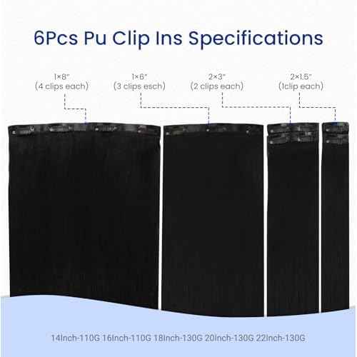 Worldstar Invisible Clip in Hair Extensions Human Hair 18 Inch 130g 6pcs #1 Jet Black Seamless Clip in Hair Extensions Remy Human Straight Hair Invisible PU Skin Weft (pu#1-18)