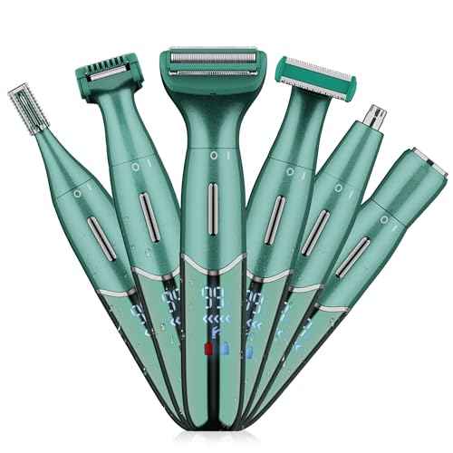 Karrte 6-in-1 Electric Razor for Women's Pubic Hair, Painless Body Shaver and Facial Epilator, Hair Removal for Face, Bikini Trimmer for Women's Private Area Green
