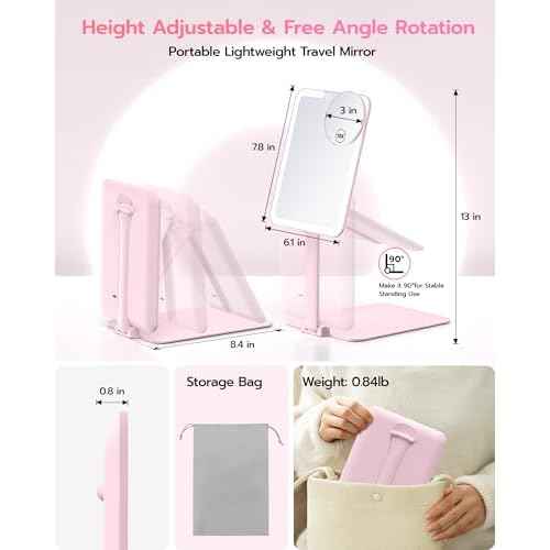 Anfauny Lighted Travel Makeup Mirror with Magnetic 10X Magnification, Vanity Portable and Foldable with Adjustable Stand, Rechargeable 3 Color Lights for Desk and Tabletop -Pink