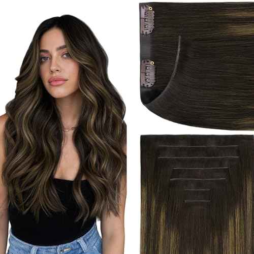 GOO GOO Genius Clip in Hair Extensions, 16inch 120g 7pcs, Seamless PU Clip in Hair Extensions, Virgin Real Human Hair, #(T2/6) P2 Dark Brown to Chestnut Brown