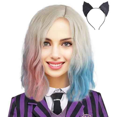 Enid Sinclair Wigs with Headband Curly Blonde Pink Blue Wigs for Halloween