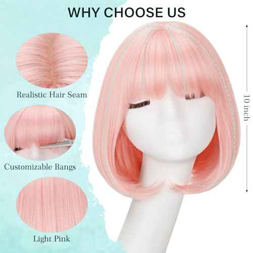 Light Pink Bob Wigs with Bangs Straight Short Wigs for Women Synthetic Pink Wig for Cosplay Women Funny Wig for Party Halloween Daily Wear Anime Costume Events