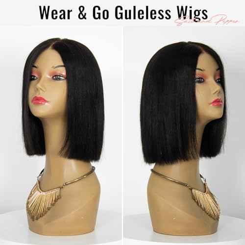 Wear and Go Glueless Wigs Human Hair Pre Plucked Pre Cut, Blunt Cut Bob Wigs Human Hair Bleached Knots 210% Density 12A Brazilian Virgin Hair 5x5 HD Lace Closure Wigs Black Women 10 Inch