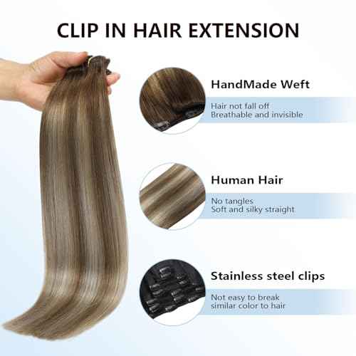 COOKAYU Clip in Hair Extensions Real Human Hair, 14inch 120g 7Pcs 3/8/22 Walnut Brown to Ash Brown and Blonde Hair Extensions Clip in Human Hair Thick Silky Straight Extensions