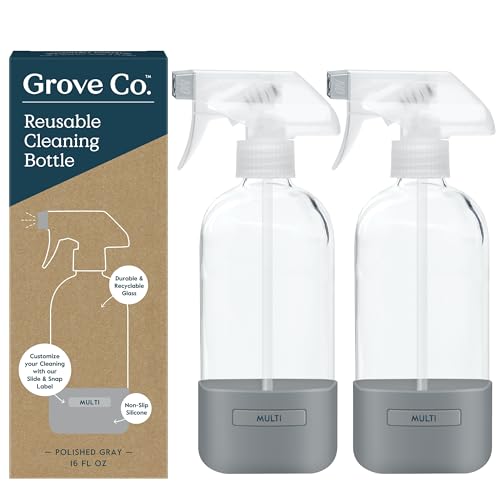 Grove Co. Glass Spray Bottles for Cleaning Solutions, 2-Pack Bundle, Unique Silicone Sleeve Slide & Snap Custom Label, Refillable Spray Bottle, Made from Recycled Glass, 2 x 16 oz