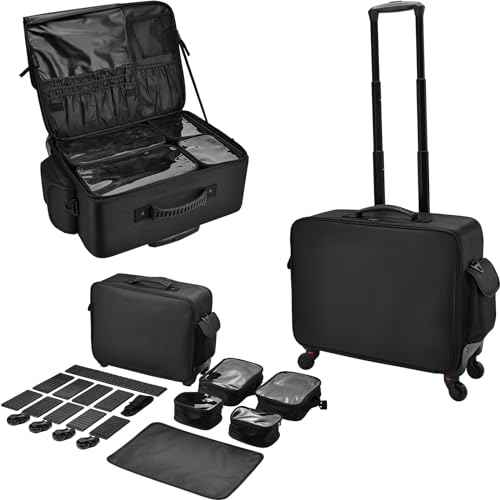 Rolling Makeup Case Cosmetology Case on Wheels Extra Large Cosmetic Artist Bag Portable TravelCase for Hairstylists Nail Tech Traveling Professional Make Up Train Suitcase Carts Trolley, Black