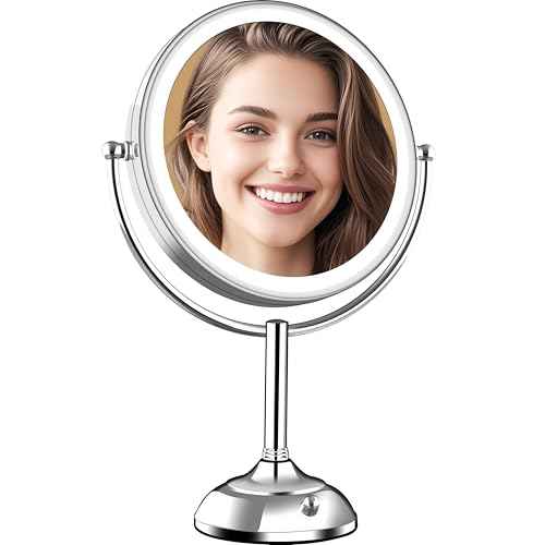VESAUR Upgraded 11" Large 17" Tall Lighted Makeup Mirror Silver, 1X/10X Dual-Sided Magnifying with 15X Suction Mirror, 3 Color Adjustable Lights, 360¡Æ Swivel Dual Power Vanity Mirror, Gift Box