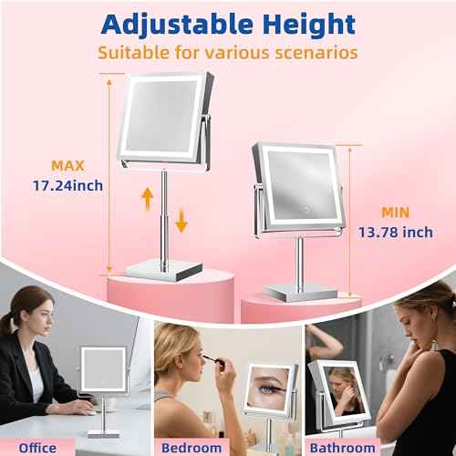 Ruacq Rechargeable Makeup Mirror, 4000mAh Lighted Makeup Mirror with Magnification 1X/10X, Height Adjustable Vanity Mirror with Lights, 3 Color Lights, Adjustable Brightness, 360¡ÆRotation (Chrome)