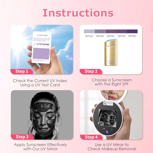 UV Camera for Sunscreen Test UV Mirror Sunscreen Camera, 3.8 Inch Rechargeable 2X Magnifying Vanity Mirror with Light Handheld Double-Sided Pocket Mirror for Skin Protection(White)