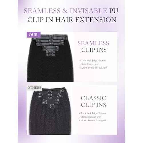 Seamless PU Clip in Hair Extensions for Black Women 100% Unprocessed Brazilian Human Hair PU Thin Weft Kinky Straight Clip ins Natural Black 8Pcs 18Clips 120g (PU-Kinky Straight #1B, 20 Inch)