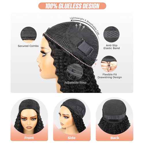 Domiso Afro Kinky Curly Half Wig with Drawstring Human Hair Wigs 3 In 1 Flip Over Half Wig Glueless Wig Elastic Band Clip in Human Hair Black Color Short Bob Wig14 Inch